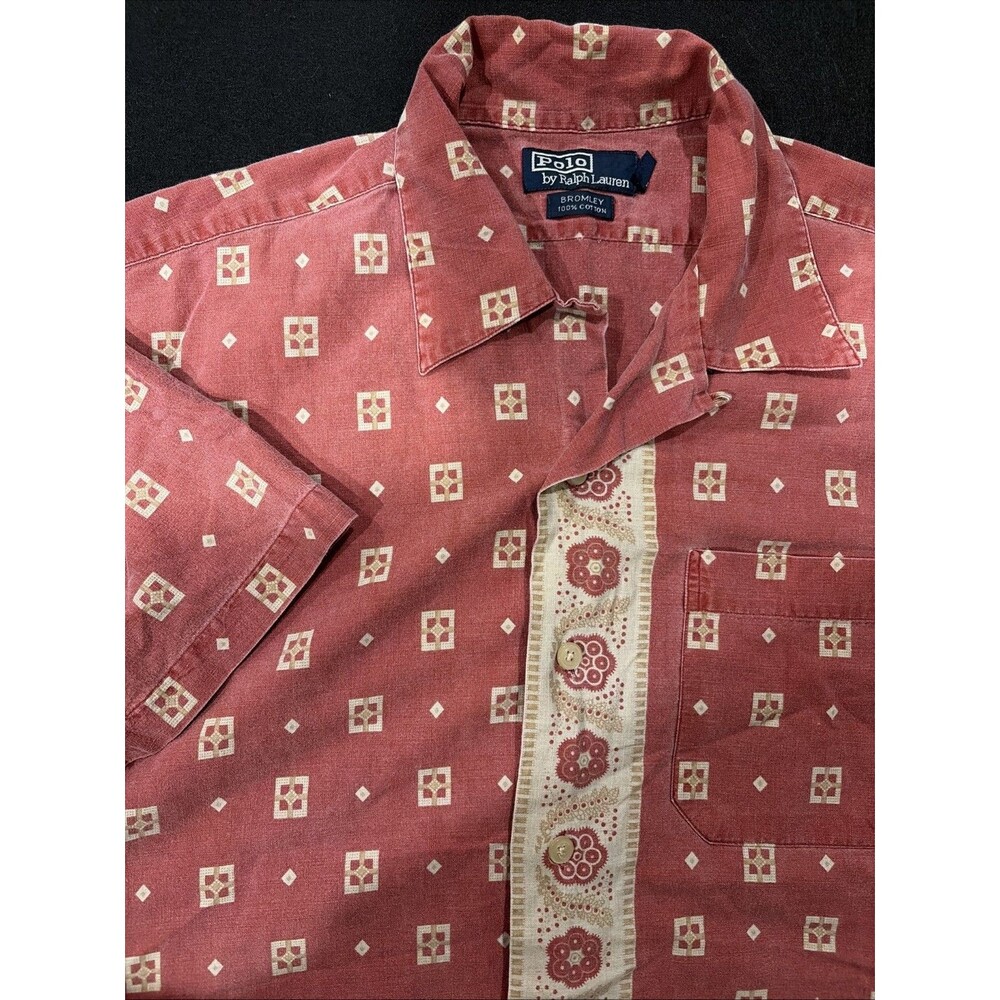ULTRA RARE VTG Polo Ralph Lauren Bromley Sz Large Button Short Sleeve Red Beige